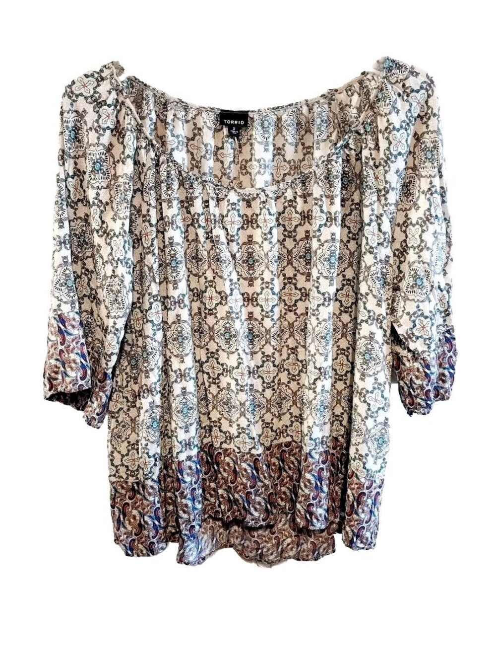 Torrid Womens Size 2 Boho Peasant Top Multicolor Pattern 3/4 Sleeves Rayon Made